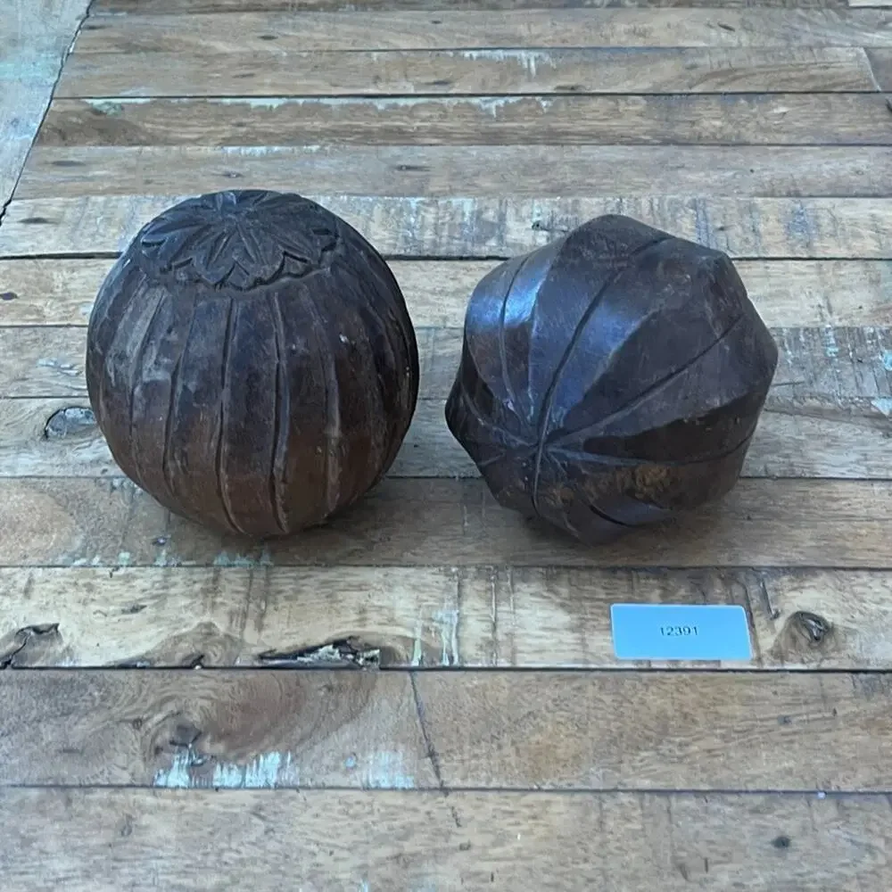 Pair of 2 Wood Carpet Ball Orb Sphere Folk Art Decor Hand Carved Vintage